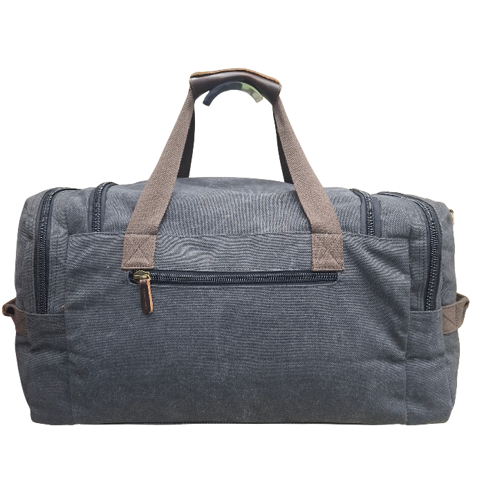 Vivace Travel Bag: Charcoal BLACK Canvas Duffel with Genuine Leather Trim BACK