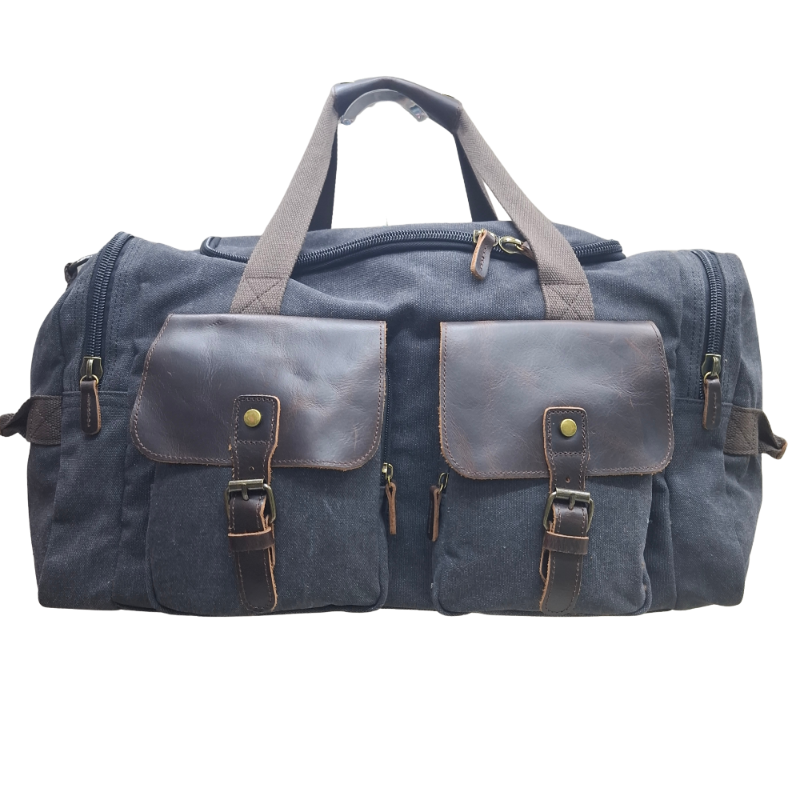 Vivace Travel Bag: Charcoal BLACK Canvas Duffel with Genuine Leather Trim FRONT