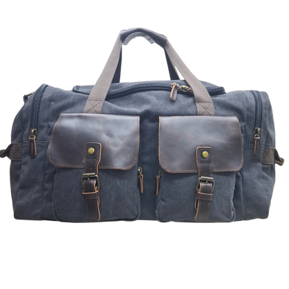 Vivace Travel Bag: Charcoal BLACK Canvas Duffel with Genuine Leather Trim FRONT