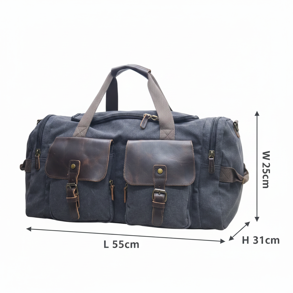 Vivace Travel Bag: Charcoal BLACK Canvas Duffel with Genuine Leather Trim