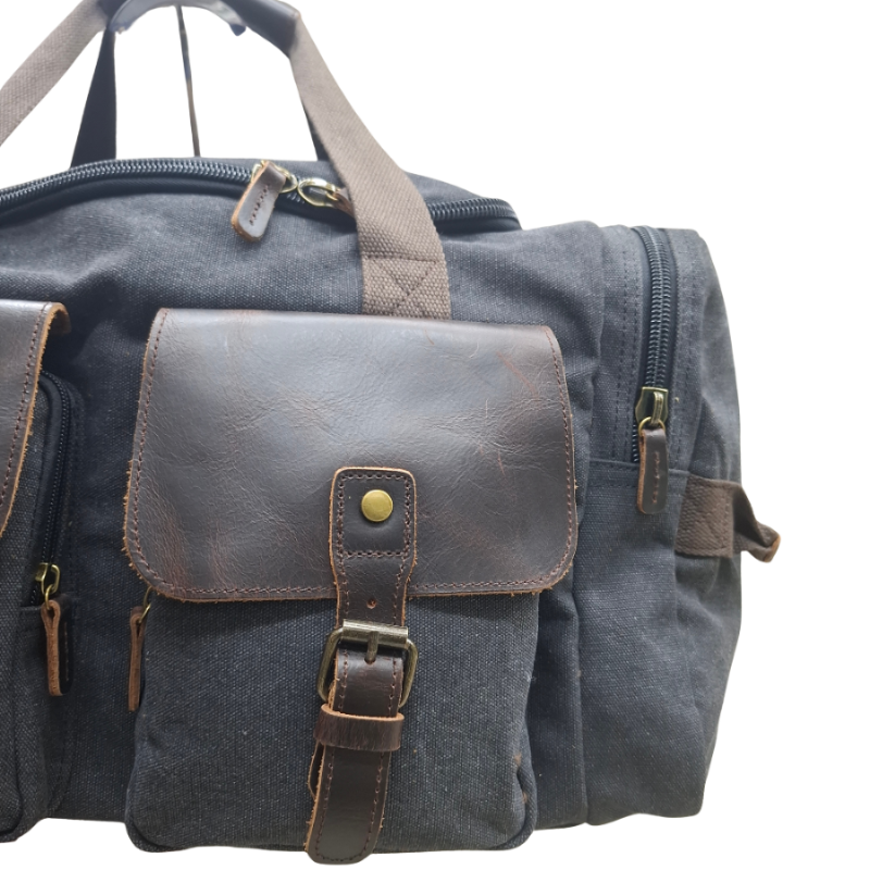 Vivace Travel Bag: Charcoal BLACK Canvas Duffel with Genuine Leather Trim FRONT ZOOM