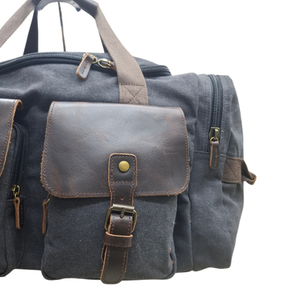 Vivace Travel Bag: Charcoal BLACK Canvas Duffel with Genuine Leather Trim FRONT ZOOM