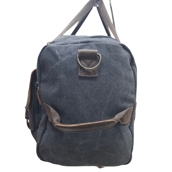 Vivace Travel Bag: Charcoal BLACK Canvas Duffel with Genuine Leather Trim SIDE 