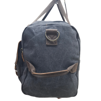 Vivace Travel Bag: Charcoal BLACK Canvas Duffel with Genuine Leather Trim SIDE 
