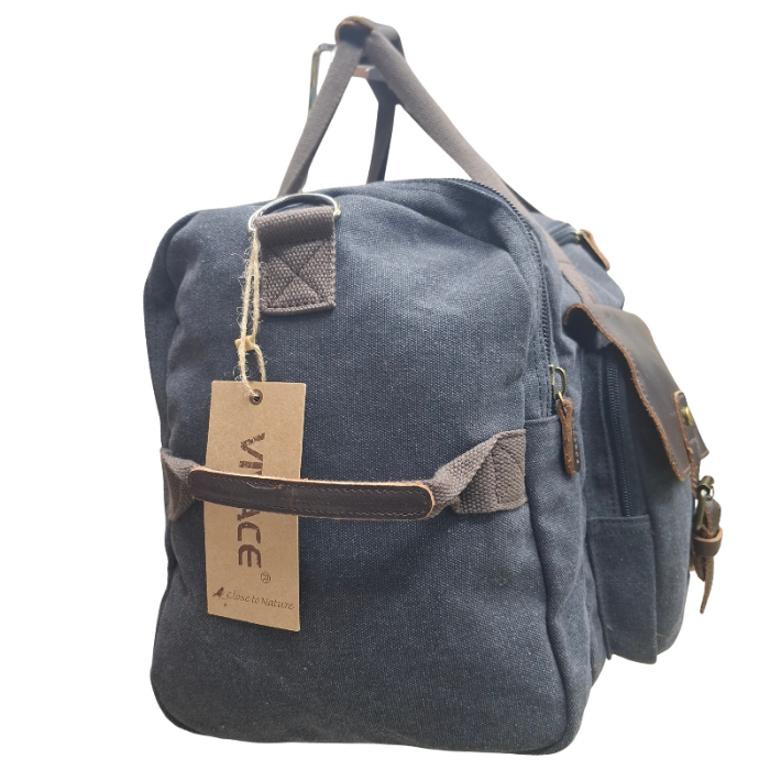 Vivace Travel Bag: Charcoal BLACK Canvas Duffel with Genuine Leather Trim SIDE ZOOM