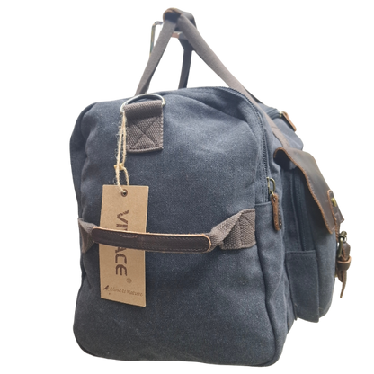 Vivace Travel Bag: Charcoal BLACK Canvas Duffel with Genuine Leather Trim SIDE ZOOM