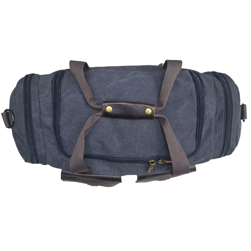 Vivace Travel Bag: Charcoal BLACK Canvas Duffel with Genuine Leather Trim TOP VIEW