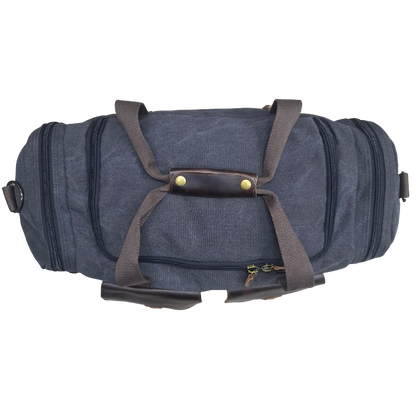 Vivace Travel Bag: Charcoal BLACK Canvas Duffel with Genuine Leather Trim TOP VIEW