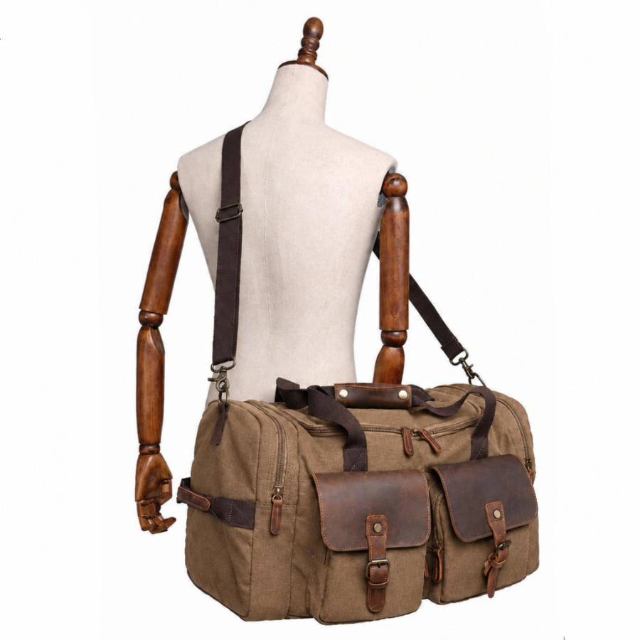 Vivace Travel Bag: KHAKI BROWN Canvas Duffel with Genuine Leather Trim CARRY VIEW