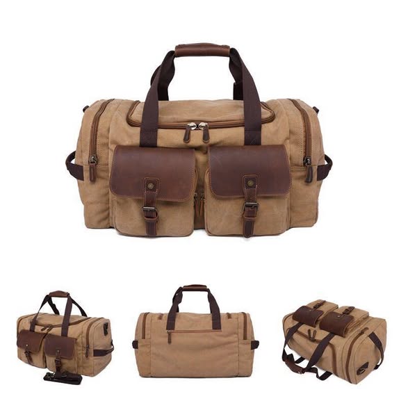 Vivace Travel Bag: KHAKI BROWN Canvas Duffel with Genuine Leather Trim MULTIPLE VIEW