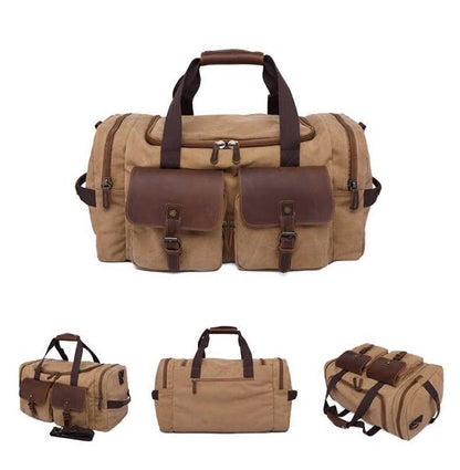 Vivace Travel Bag: KHAKI BROWN Canvas Duffel with Genuine Leather Trim MULTIPLE VIEW