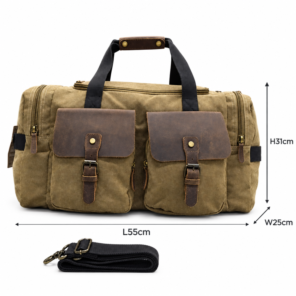 Vivace Travel Bag: KHAKI BROWN Canvas Duffel with Genuine Leather Trim SIZE
