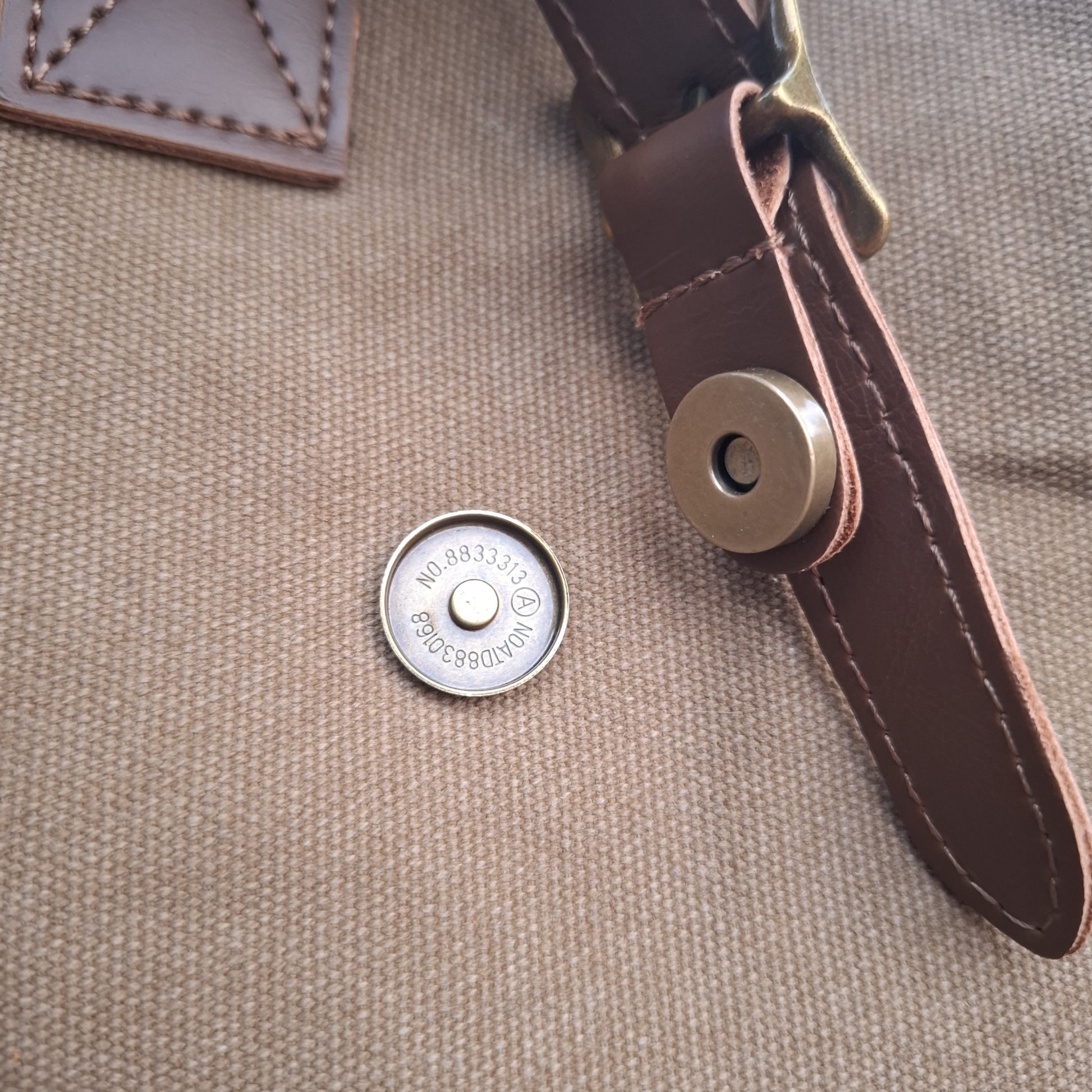 Vivace Travel Bag: KHAKI CANVAS and LEATHER Overnight Bag MAGNETIC CLIP