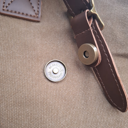 Vivace Travel Bag: KHAKI CANVAS and LEATHER Overnight Bag MAGNETIC CLIP