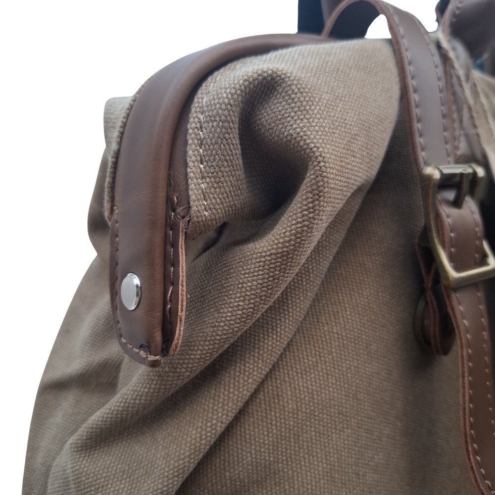 Vivace Travel Bag: KHAKI CANVAS and LEATHER Overnight Bag SIDE DETAIL