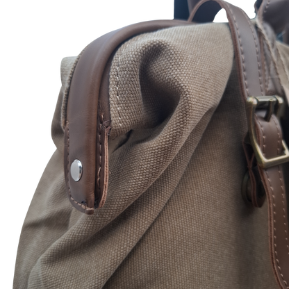 Vivace Travel Bag: KHAKI CANVAS and LEATHER Overnight Bag SIDE DETAIL