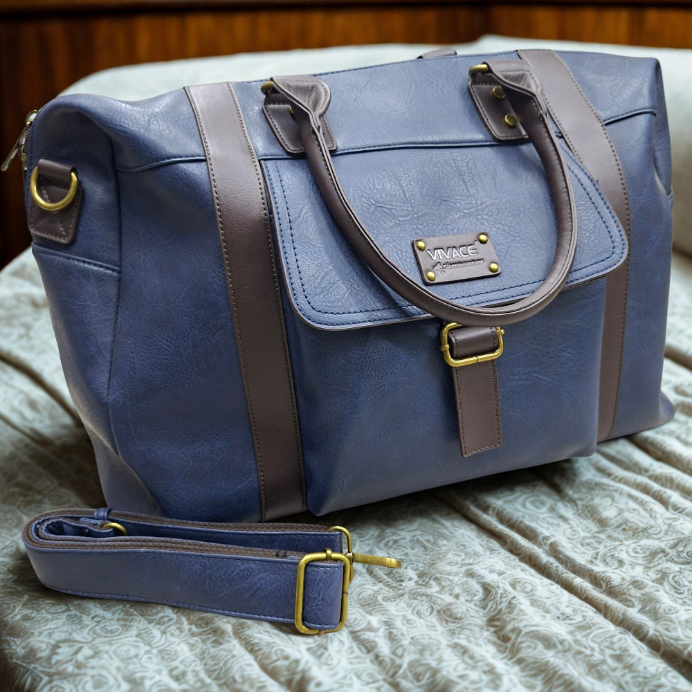 Vivace Travel Bag: NAVY Blue PU Leather Weekender bag HERO