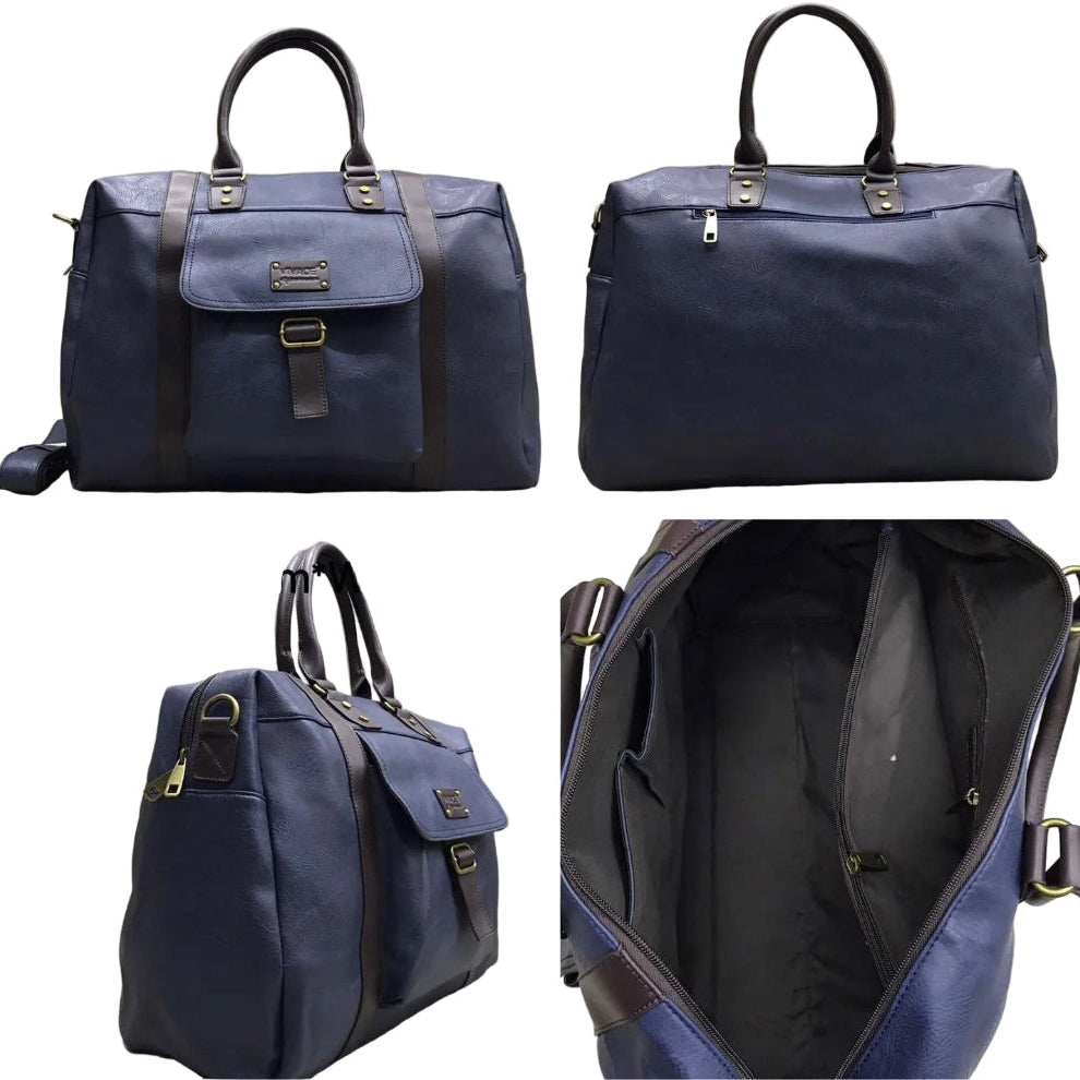 Vivace Travel Bag: NAVY Blue PU Leather Weekender bag HERO OVERVIEW