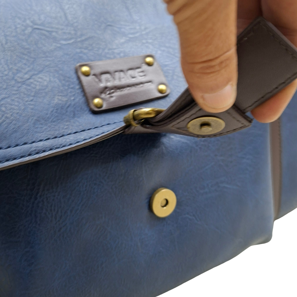 Vivace Travel Bag: NAVY Blue PU Leather Weekender bag MAGNETIC CLIP CLOSURE