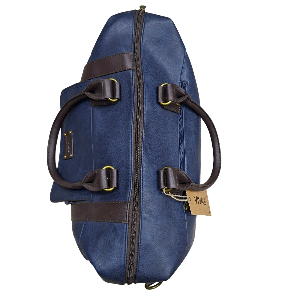 Vivace Travel Bag: NAVY Blue PU Leather Weekender bag TOP CLOSED VIEW