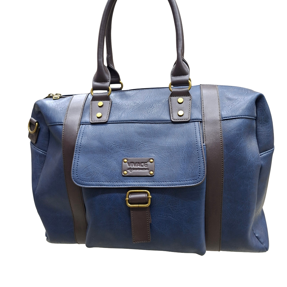 Vivace Travel Bag: NAVY Blue PU Leather Weekender bag TOP FRONT VIEW