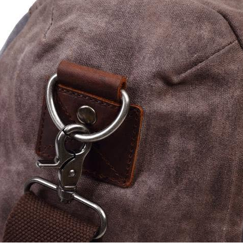 Vivace Travel Bag: Prestige Coffee Two-Tone Waxed Canvas Duffel with Genuine Leather Trim ADJUSTABLE STRAP ATTACHMENT