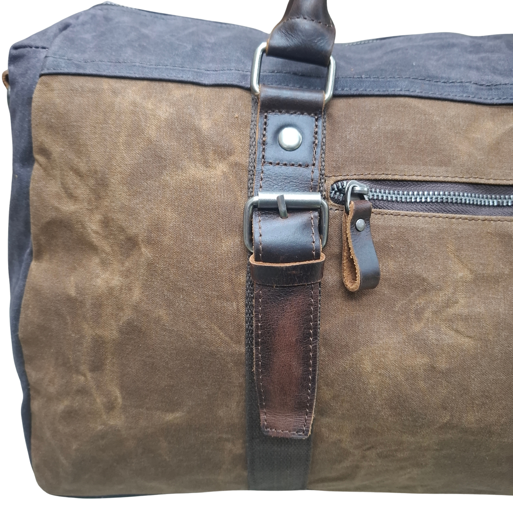 Vivace Travel Bag: Prestige Coffee Two-Tone Waxed Canvas Duffel with Genuine Leather Trim BACK DETAIL