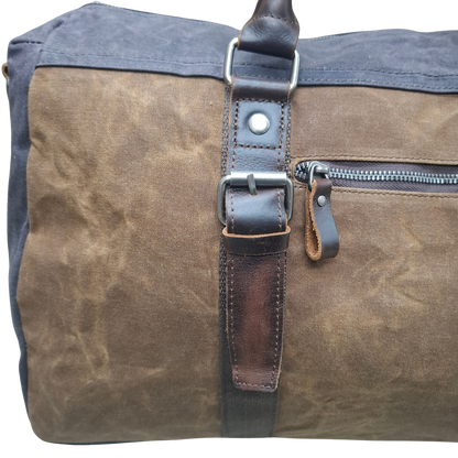 Vivace Travel Bag: Prestige Coffee Two-Tone Waxed Canvas Duffel with Genuine Leather Trim BACK DETAIL