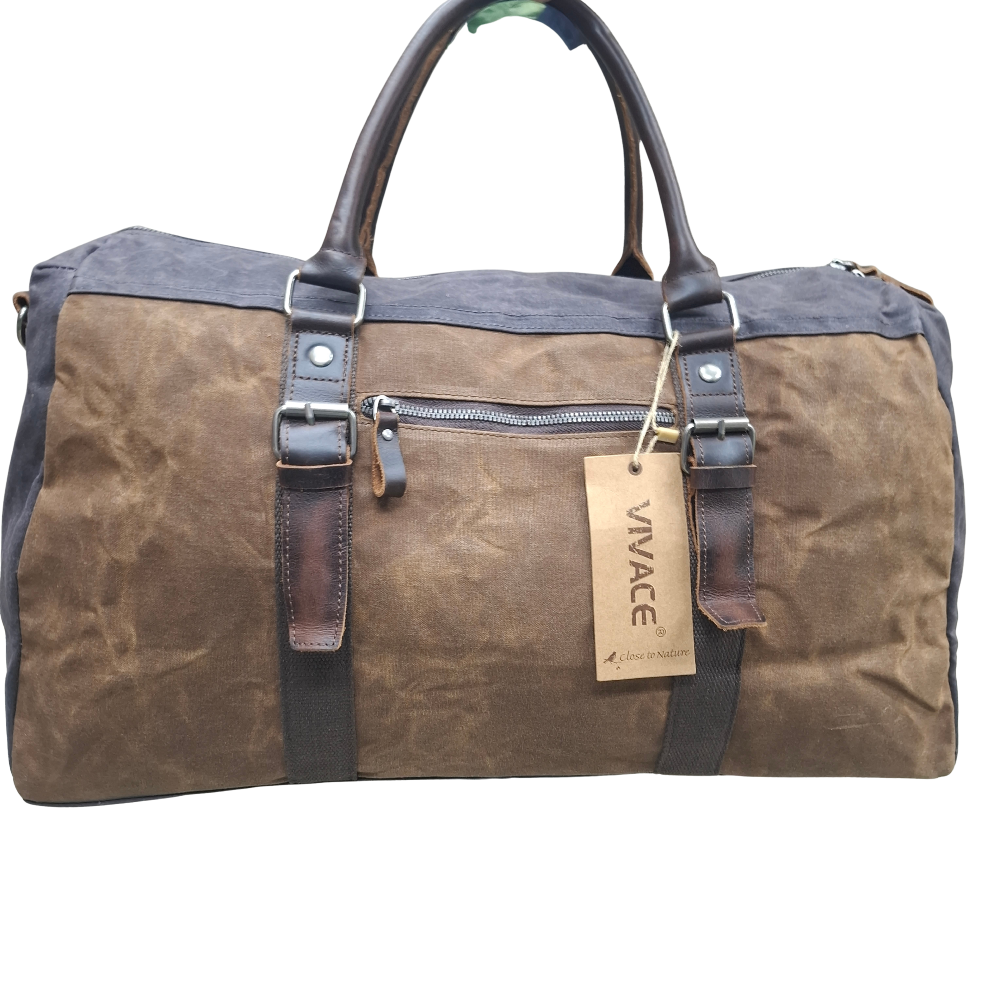 Vivace Travel Bag: Prestige Coffee Two-Tone Waxed Canvas Duffel with Genuine Leather Trim BACK VIEW