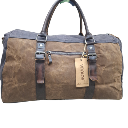 Vivace Travel Bag: Prestige Coffee Two-Tone Waxed Canvas Duffel with Genuine Leather Trim BACK VIEW