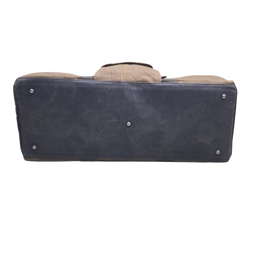 Vivace Travel Bag: Prestige Coffee Two-Tone Waxed Canvas Duffel with Genuine Leather Trim BOTTOM FEET DETAIL