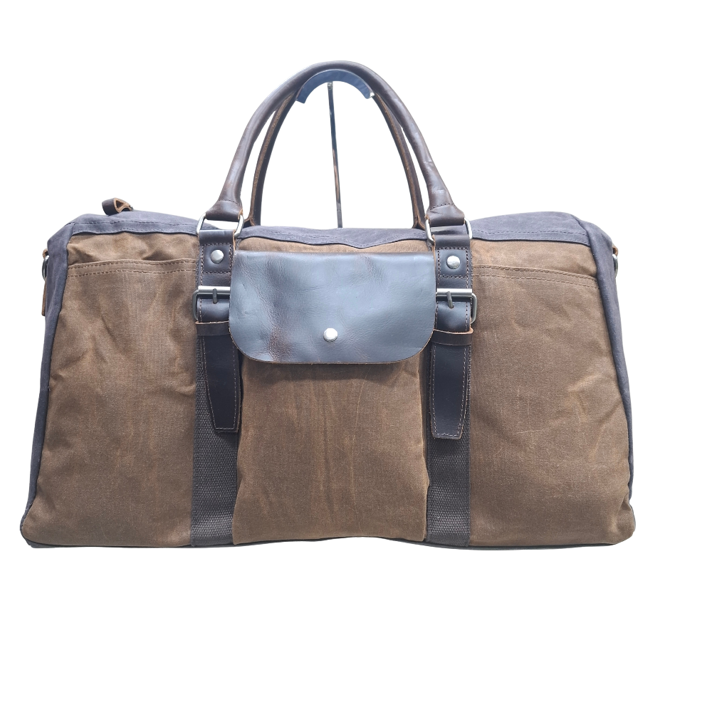 Vivace Travel Bag: Prestige Coffee Two-Tone Waxed Canvas Duffel with Genuine Leather Trim FRONT VIEW