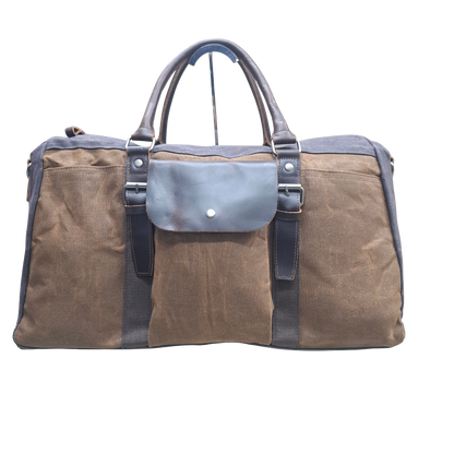 Vivace Travel Bag: Prestige Coffee Two-Tone Waxed Canvas Duffel with Genuine Leather Trim FRONT VIEW