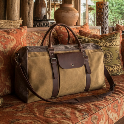 Vivace Travel Bag: Prestige Coffee Two-Tone Waxed Canvas Duffel with Genuine Leather Trim HERO