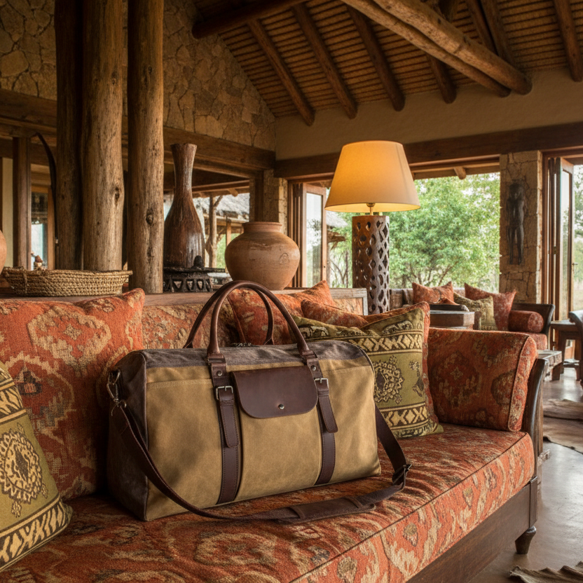 Vivace Travel Bag: Prestige Coffee Two-Tone Waxed Canvas Duffel with Genuine Leather Trim LIFESTYLE  DETAIL VIEW