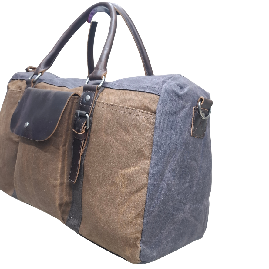 Vivace Travel Bag: Prestige Coffee Two-Tone Waxed Canvas Duffel with Genuine Leather Trim SIDE VIEW