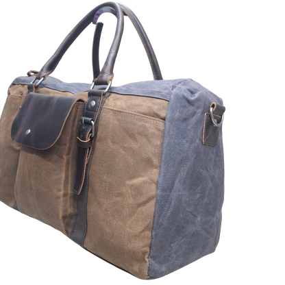 Vivace Travel Bag: Prestige Coffee Two-Tone Waxed Canvas Duffel with Genuine Leather Trim SIDE VIEW