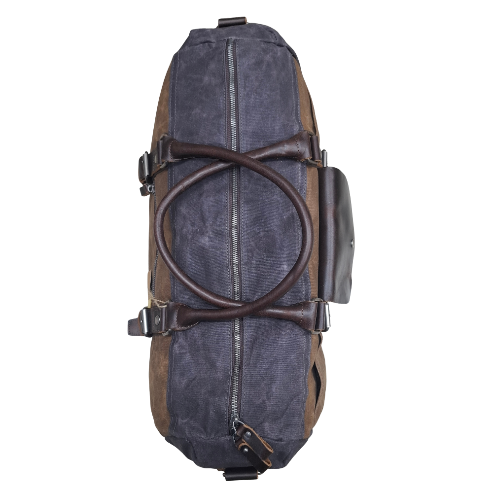 Vivace Travel Bag: Prestige Coffee Two-Tone Waxed Canvas Duffel with Genuine Leather Trim TOP VIEW DETAIL