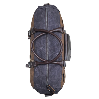 Vivace Travel Bag: Prestige Coffee Two-Tone Waxed Canvas Duffel with Genuine Leather Trim TOP VIEW DETAIL