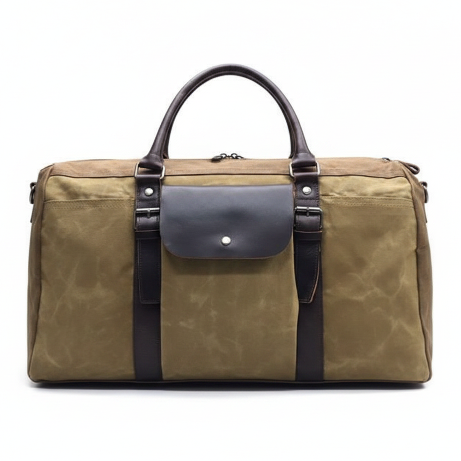 Vivace Travel Bag: Prestige Two - Tone KHAKI Waxed Canvas Duffel with Genuine Leather Trim