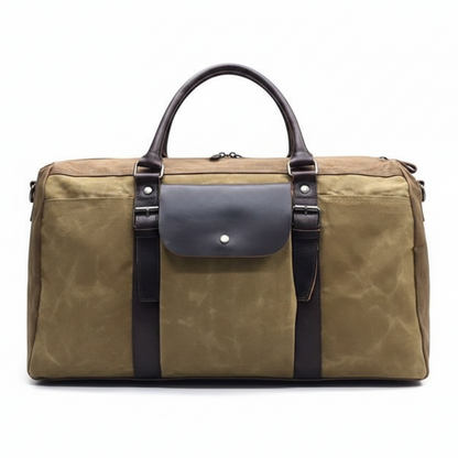 Vivace Travel Bag: Prestige Two - Tone KHAKI Waxed Canvas Duffel with Genuine Leather Trim