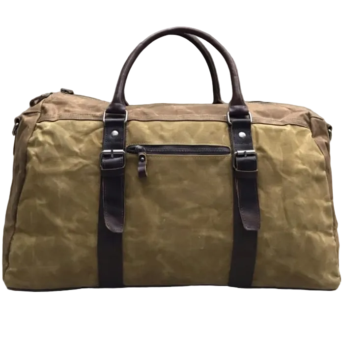 Vivace Travel Bag: Prestige Two - Tone KHAKI Waxed Canvas Duffel with Genuine Leather Trim BACK VIEW