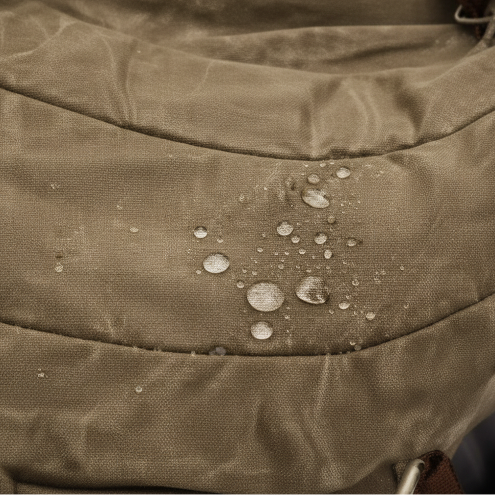 Vivace Travel Bag: Prestige Two - Tone KHAKI Waxed Canvas Duffel with Genuine Leather Trim BOTTOM WATER ON CANVAS