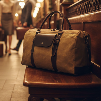 Vivace Travel Bag: Prestige Two - Tone KHAKI Waxed Canvas Duffel with Genuine Leather Trim HERO