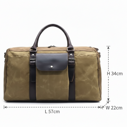 Vivace Travel Bag: Prestige Two - Tone KHAKI Waxed Canvas Duffel with Genuine Leather Trim SIZE