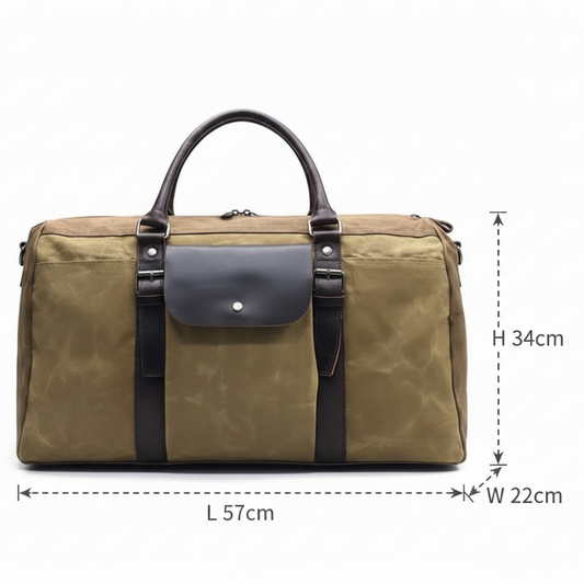 Vivace Travel Bag: Prestige Two - Tone KHAKI Waxed Canvas Duffel with Genuine Leather Trim SIZE