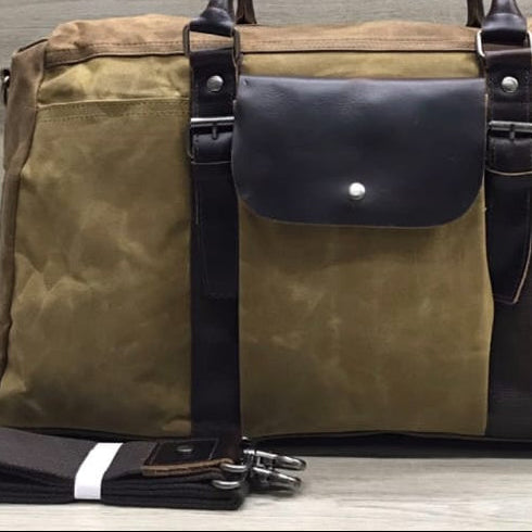 Vivace Travel Bag: Prestige Two - Tone KHAKI Waxed Canvas Duffel with Genuine Leather Trim ZOOM VIEW