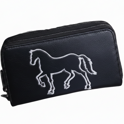 Vivace Wallet: Large BLACK Double Zipped Organiser with Horse detailing FRONT DETAIL