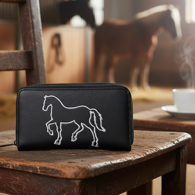 Vivace Wallet: Large BLACK Double Zipped Organiser with Horse detailing LIFESTYE