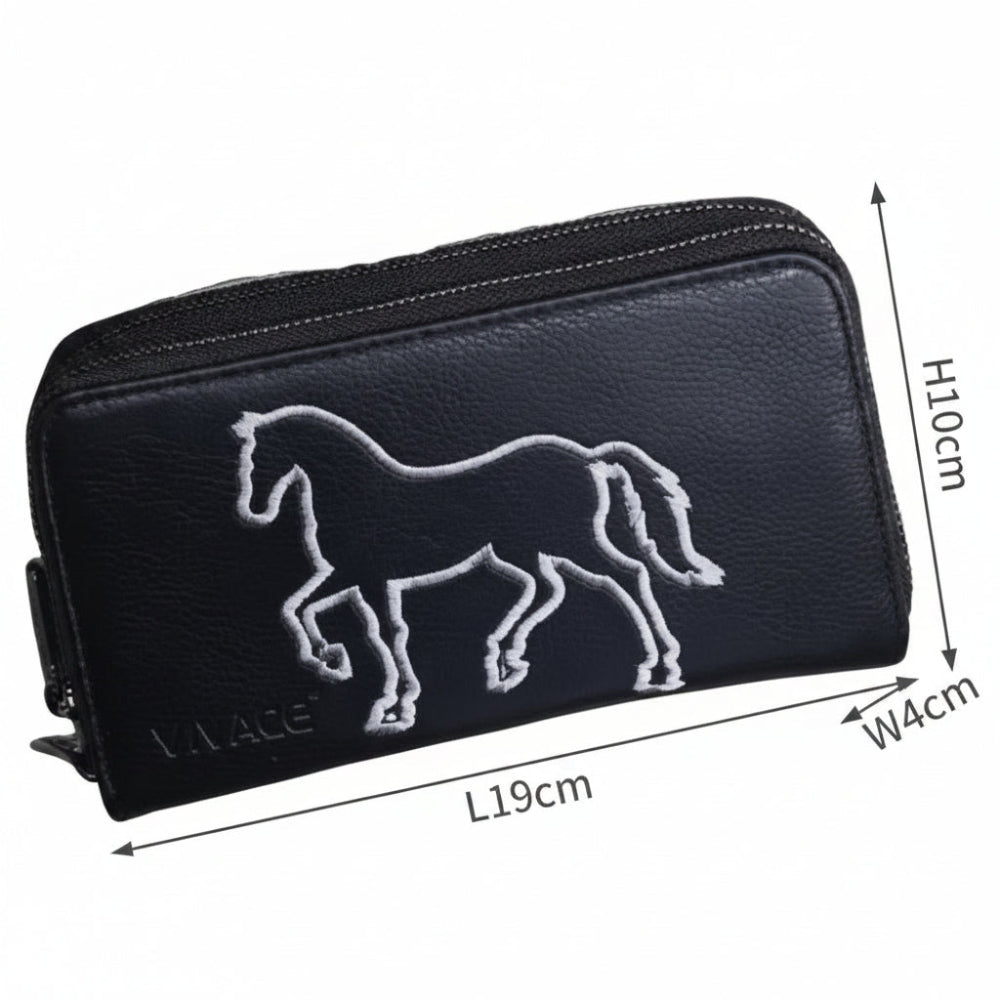 Vivace Wallet: Large BLACK Double Zipped Organiser with Horse detailing SIZE